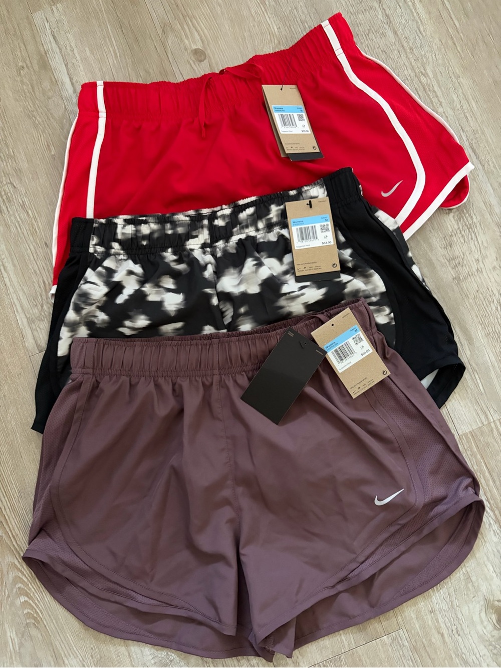 Nike Women's Tempo Dri-FIT Athletic Shorts - Red, Black/White Print, Mauve